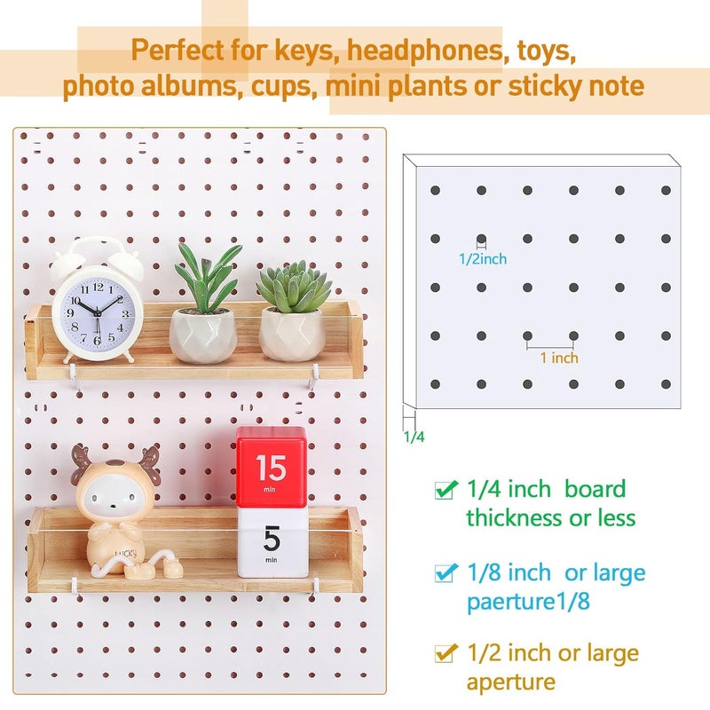 Marsui 2 Pcs Pegboard Shelf Wood with Acrylic 12.2 x 3.94 Inch Display Shelves Brackets with Metal Hooks Heavy Duty Pegboard Accessories for Storage and Organization(Wood) - Image 5